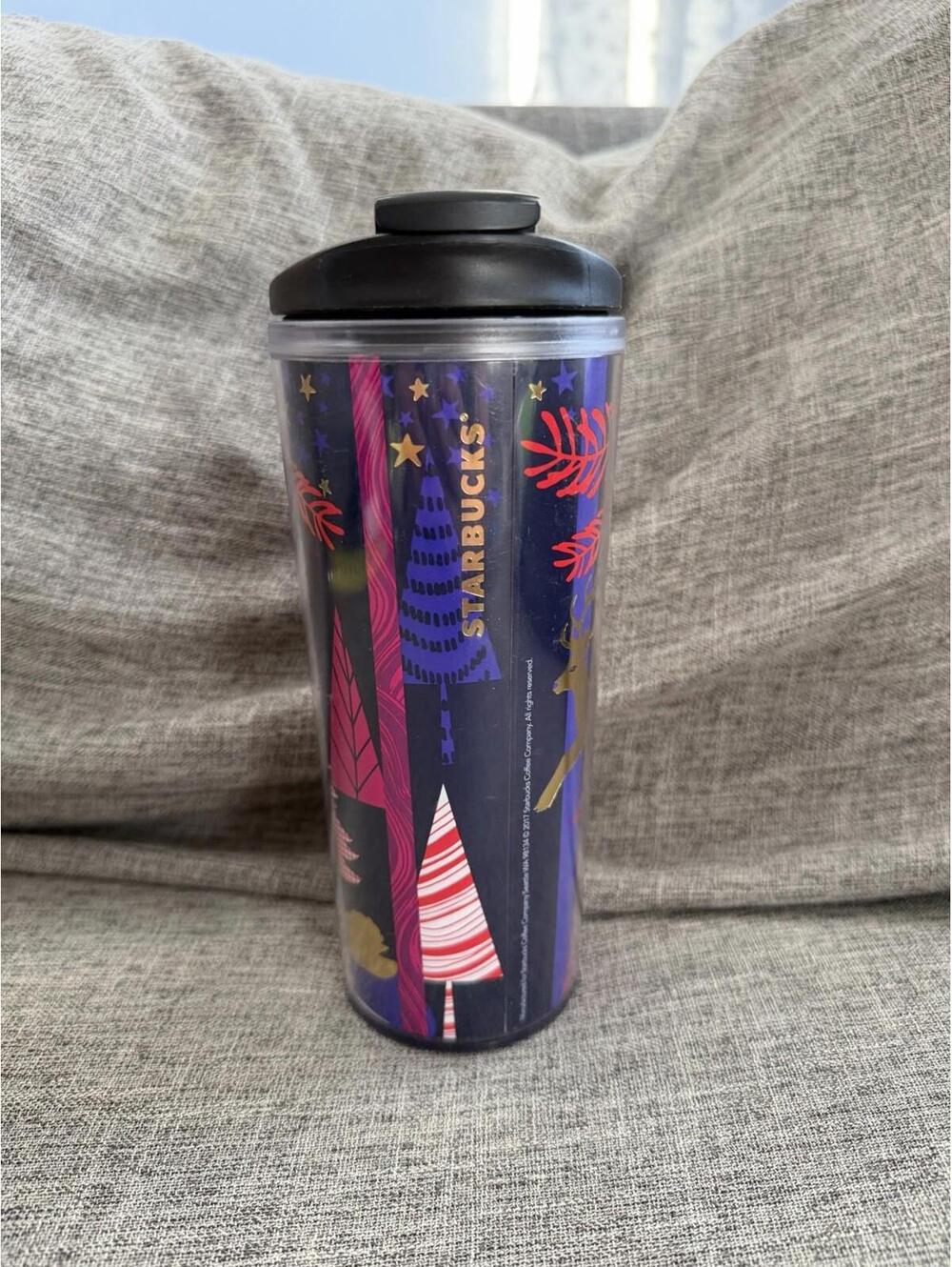 Starbucks 2017 Holiday Travel Mug 16 Oz Purple Reindeer Trees Cup